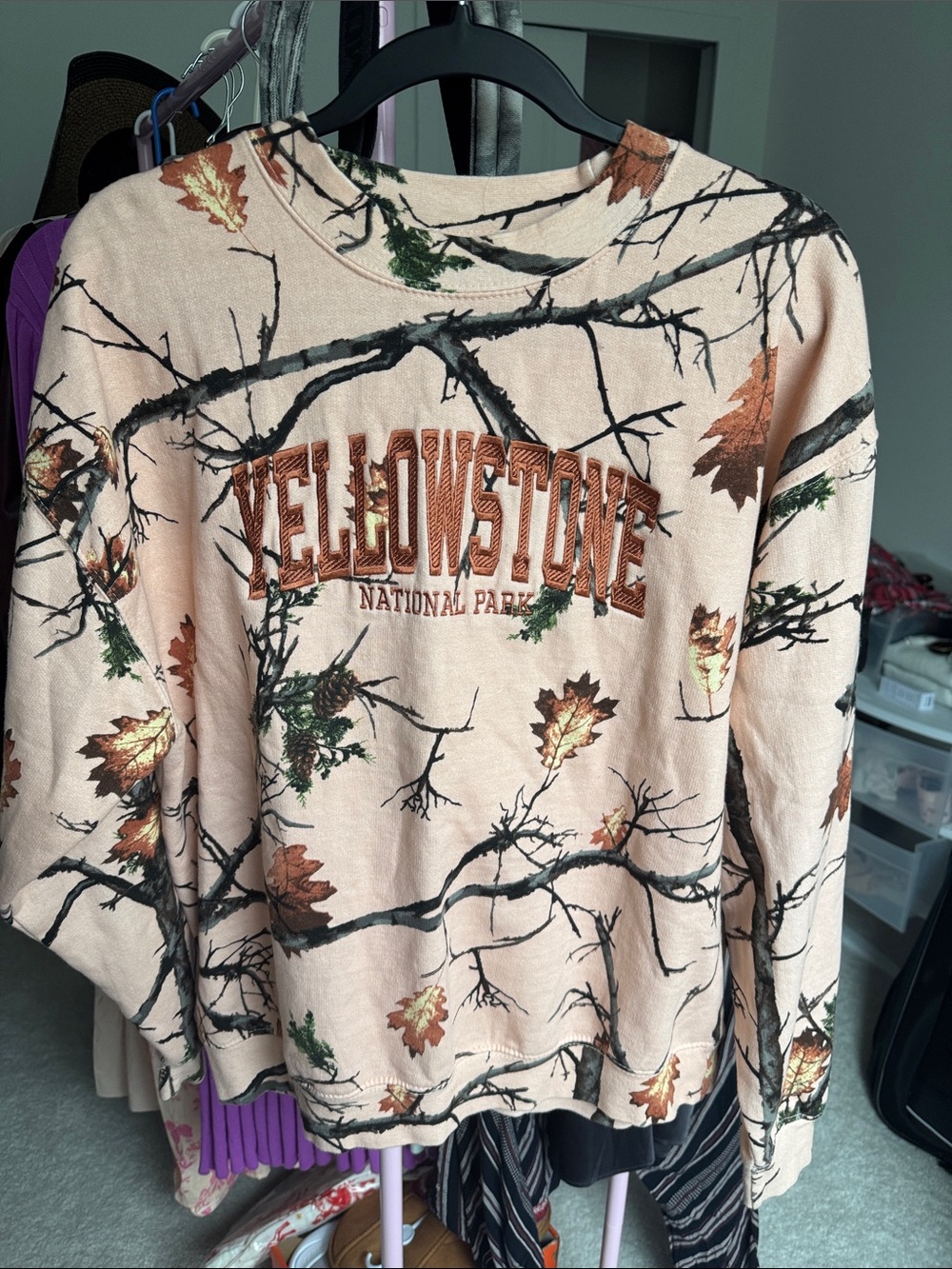 Yellowstone National Park Cream Crewneck with Brown & Green Leaf camo